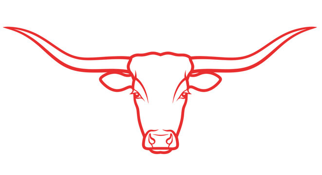 Texas longhorn steer head with wide horns in red outline