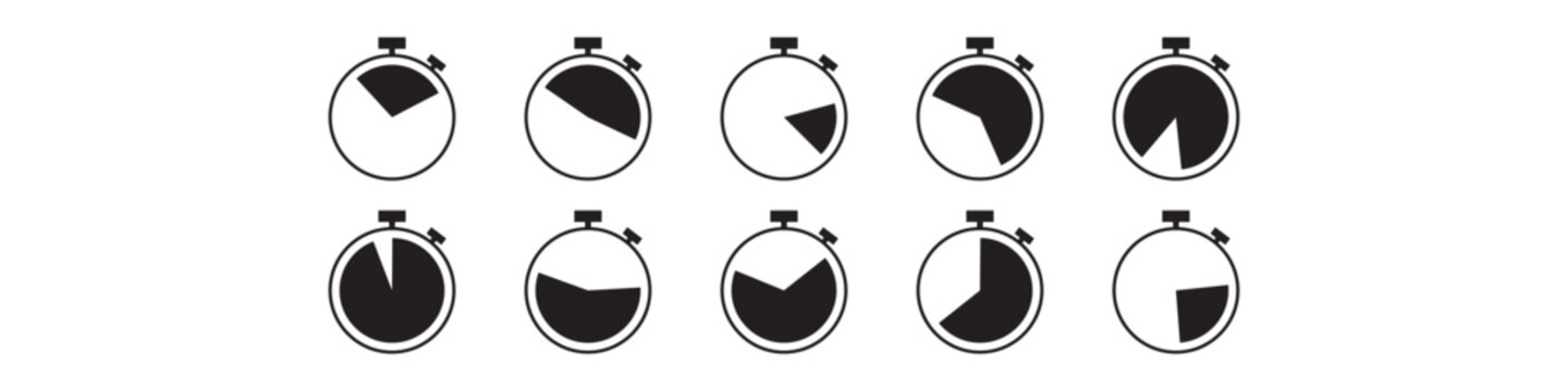 Set of black Stopwatch icon. Timer Clock symbol in outline styles. Perfect for dashboards, fitness, sports, productivity, presentations, and print projects.