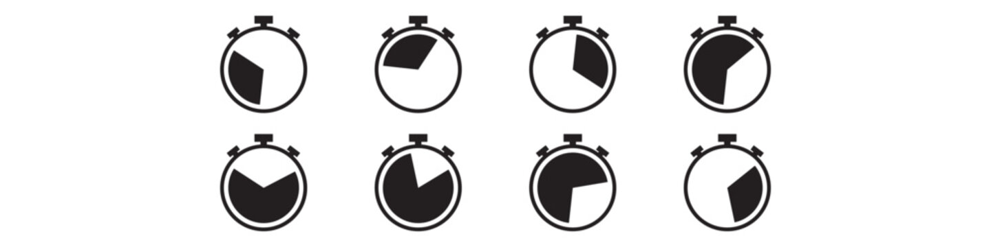 Set of black Stopwatch icon. Timer Clock symbol in outline styles. Perfect for dashboards, fitness, sports, productivity, presentations, and print projects.