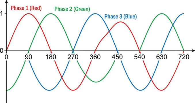 Three phase sine wave graph, electrical power system waveform diagram, alternating current engineering illustration, editable vector education template