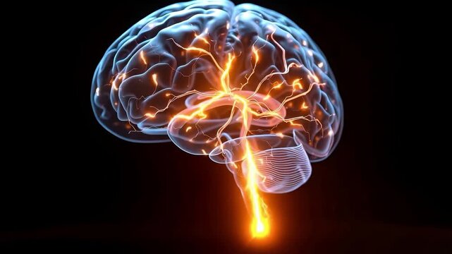 high-quality 3D digital animation illustrates the complex internal processes of the human brain. It features a stylized, transparent model of the brain with glowing