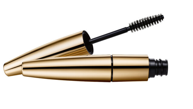 Isolated elegant golden mascara tube with applicator brush, cosmetic beauty product