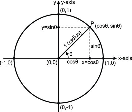 Unit circle trigonometry diagram, sine cosine coordinate illustration, mathematical education reference chart, editable vector geometry graphics template