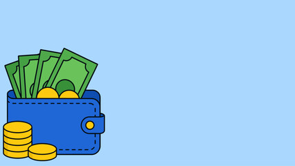 Naklejka premium Flat vector illustration of a blue wallet with banknotes and gold coins on a blue background