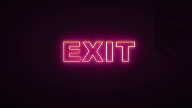 Glowing pink neon exit sign animation in motion with dark background video footage
