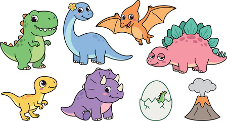 Cute Dinosaur Vector Cartoon Set with T-Rex Brontosaurus Triceratops Stegosaurus Pterodactyl and Hatching Egg Elements for Kids Patterns Clothing and Birthday Card Designs © SARIFA