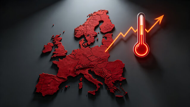 Red Europe map model with glowing high thermometer and rising arrow chart conceptualizing global warming climate change and regional extreme temperature crisis.