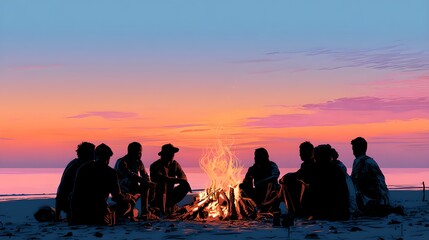 Obraz premium Campfire Silhouette Group Beach Gathering Community Bonding Dusk Background Concept