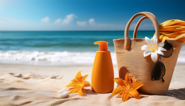 summer beach scene with a bag flowers and sun protection items near the ocean