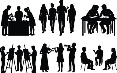 Black silhouettes of university students engaged in various academic, scientific, artistic, and musical activities isolated on white background © Md Ohidul