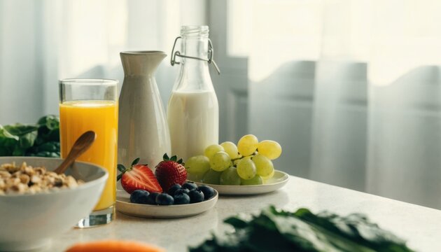 Breakfast scene with fresh fruit, orange juice, milk, and cereal on a white table near a window with soft natural light.