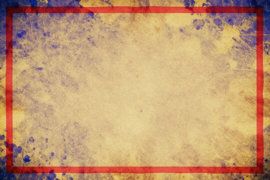 A blue and yellow background with a red border