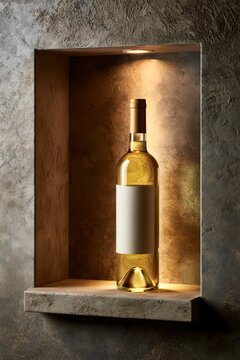 Wine Bottle Mockup Blank Label Stone Niche Display, Luxury Wine Cellar Background, Product Template Copy Space