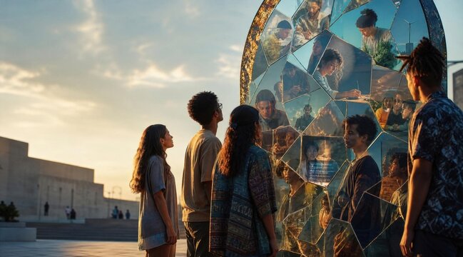 Teenagers and young adults looking at a multifaceted reflective sculpture displaying various life moments