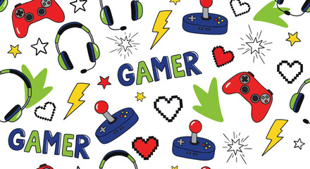 Seamless gaming pattern featuring gamepads headphones and retro icons © Koyong