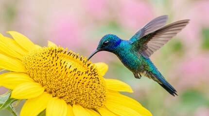 Fototapeta premium Stunning macro shot of a sapphire and emerald hummingbird sipping nectar from a giant bright yellow sunflower against a soft pink background.