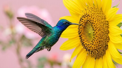 Fototapeta premium Stunning macro shot of a sapphire and emerald hummingbird sipping nectar from a giant bright yellow sunflower against a soft pink background.