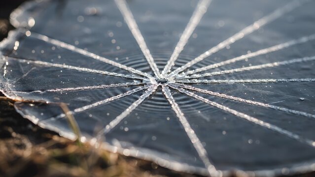 Intricate symmetrical spider web structure frozen on thin surface of water