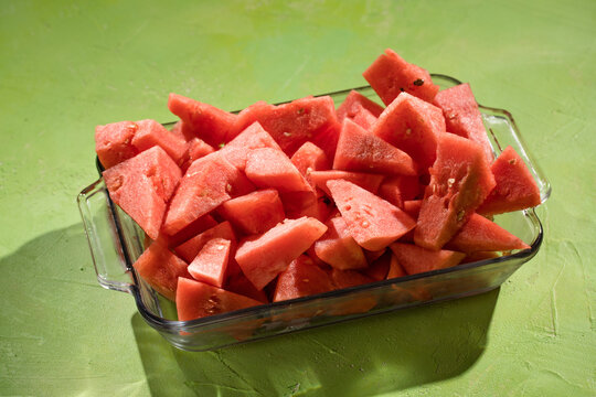Close up of fresh slices of juicy watermelon from above.