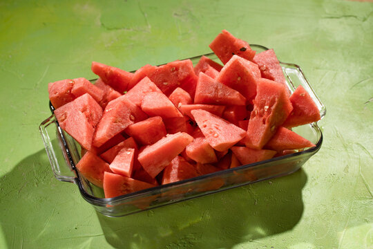 Close up of fresh slices of juicy watermelon from above.