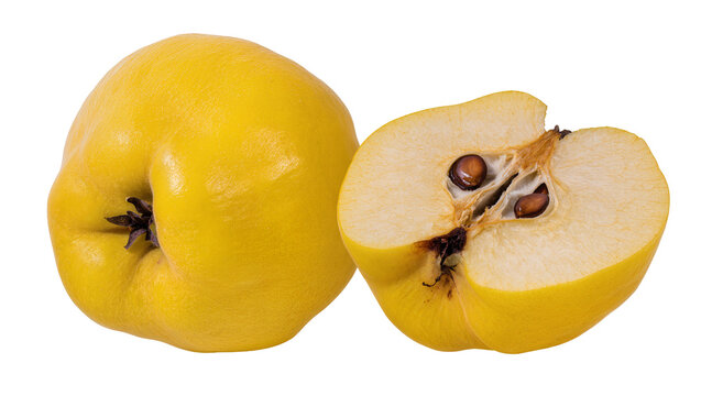 Isolated fresh ripe yellow quince fruit, one whole and one cut in half revealing seeds