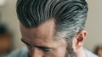 Fototapeta premium Man styling his distinguished salt and pepper hair, highlighting a modern groomed appearance and the natural aging process