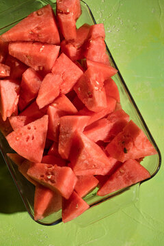 Close up of fresh slices of juicy watermelon from above.