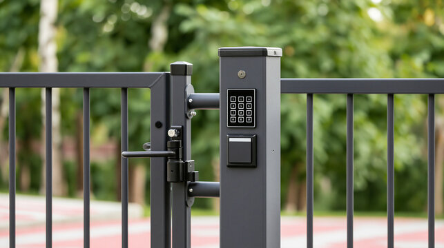 Access control system operating a modern gray metal gate, providing secure entrance and exit for a private property with an intercom and keyless keypad for authorized entry