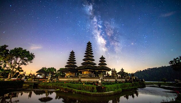 Breathtaking Nightscape - Ulun Danu Beratan Temple Under the Milky Way.
