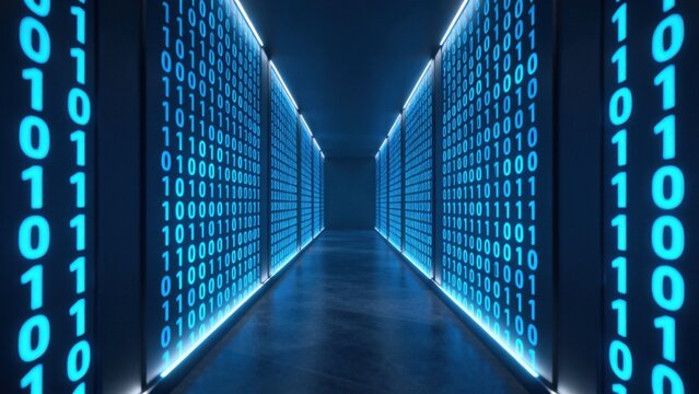 server room with binary code