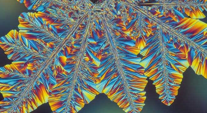 Vibrant Crystalline Dendritic Growth Patterns Captured Under Polarized Light Microscopy for Scientific Research and Artistic Visualization