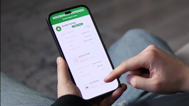 Viewing a Household Expenses dashboard on a smartphone. The screen displays recent expenses, category tabs, and a budget planner badge. Perfect for personal finance, budgeting apps, and money