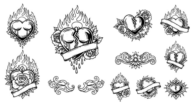 Black and white set of traditional tattoo style illustrations featuring flaming, broken, and bleeding hearts with roses and decorative banners.