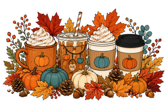 Autumn harvest wreath with pumpkins and fall leaves isolated on transparent background
