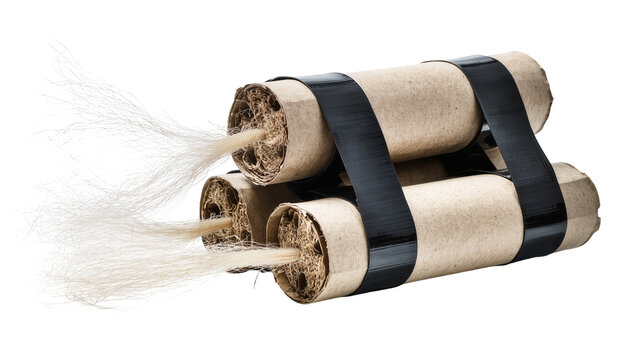 Isolated explosive device bundle with three sticks, paper wrap, and long fibrous fuses
