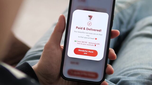 a user viewing a delivery confirmation for red roses. The interface shows a total of 49.90 dollars and a delivered with message. Ideal for illustrating payment success, delivery tracking, and customer