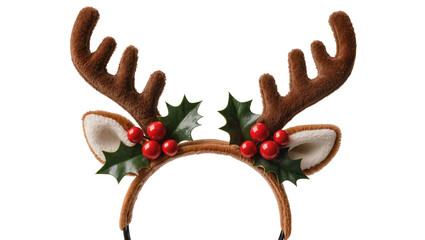 Isolated plush reindeer antlers headband decorated with festive holly and shiny red berries © Aoife