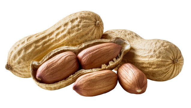 Isolated delicious natural peanuts, some whole in shell and one cracked with raw kernels
