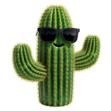 Cute green cactus character wearing black sunglasses with rounded arms and a playful expression isolated on transparent background
