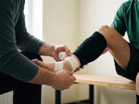 Physiotherapist wrapping ankle of soccer player with bandage. Medical specialist providing first aid for football injury. Sports trauma treatment and rehabilitation in clinic.