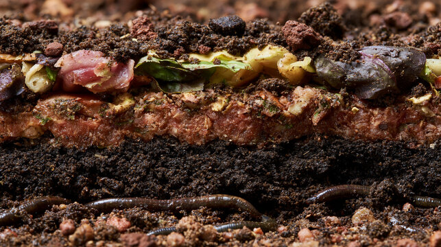 Earthworms actively decomposing organic waste layers in rich compost soil, illustrating a natural and sustainable process of nutrient recycling and environmental enrichment