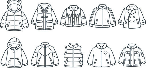 Kids Winter Jacket Outline Icon Set Featuring Puffer Coat, Hoodie, Parka, Varsity Jacket, Vest, Peacoat, and Outerwear Line Vector Collection © MdNazmul
