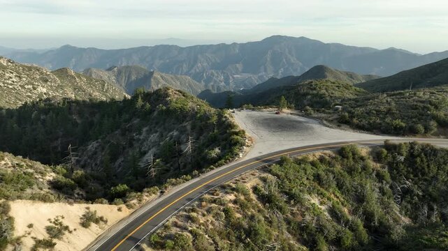 Angeles Crest Highway at Chilao Camp Winter Sunset Aerial Shot R Curve California USA