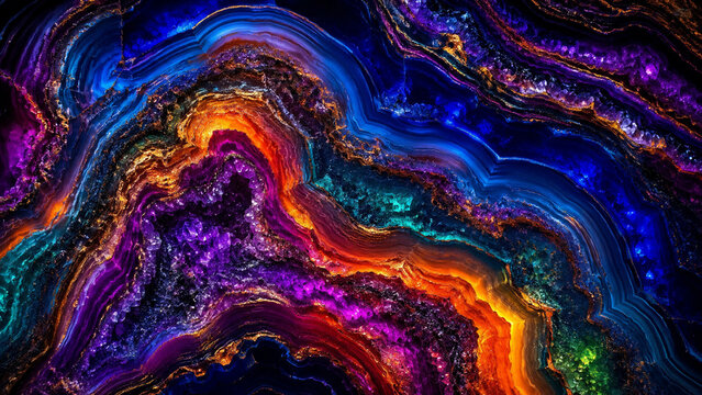Vibrant abstract agate background with blue, purple, orange, and gold flowing mineral textures, dramatic layered curves, and glossy detail, ideal for posters, wallpapers, covers, and creative designs.