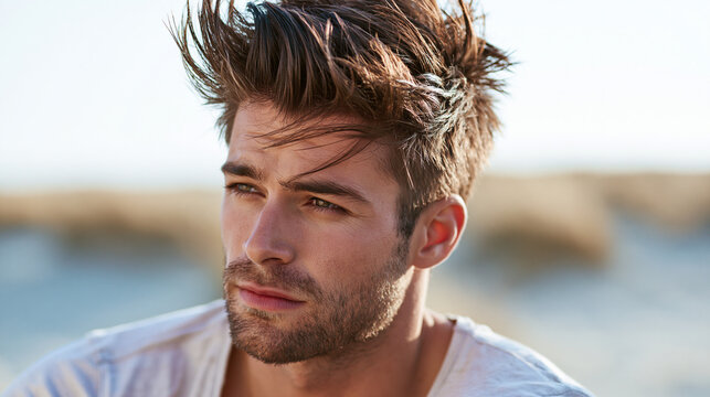 Young man with messy hair and stubble sitting outdoors, looking away thoughtfully while contemplating his future under natural sunlight
