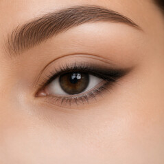 Fototapeta premium Woman with permanent makeup tattoo on eyelid and eyebrow. Cosmetic micropigmentation of brown eye with soft eyeliner wings and natural brow shape. Professional aesthetic beauty treatment.