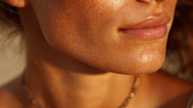 Close up portrait of a young woman showing natural freckled skin texture with warm glowing sunlight on her smooth face