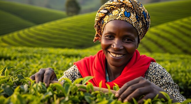 Happy labor day portrait of african tea farmer celebrating work and harvest