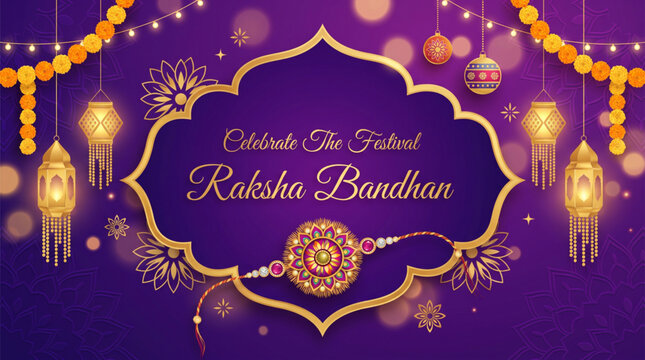 Elegant Purple Raksha Bandhan Greeting Card with Decorative Rakhi and Festive Lanterns
