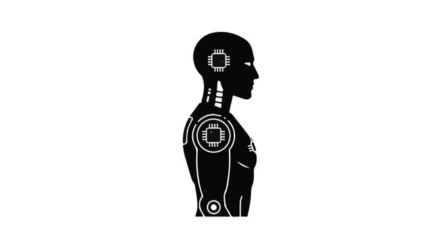 Futuristic humanoid robot with sleek black and grey design featuring glowing elements and technological details against a plain background